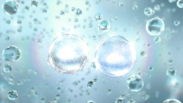Macro Liquid Bubbles slow movement .moisturizer bubbles water. Liquid essentials  transparent cosmetic sample texture with bubbles in water. 3d animation of Cosmetic serum