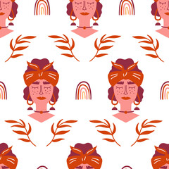 Seamless vector pattern with bohemian girl face