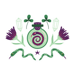 Mysterious hand drawn vector illustration with snakes, crystalls and flowers isolated on white. 