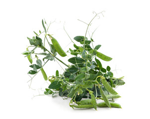 Green pea pods with leaves.