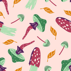 Seamless vector pattern with hand drawn mushrooms. Autumn forest texture