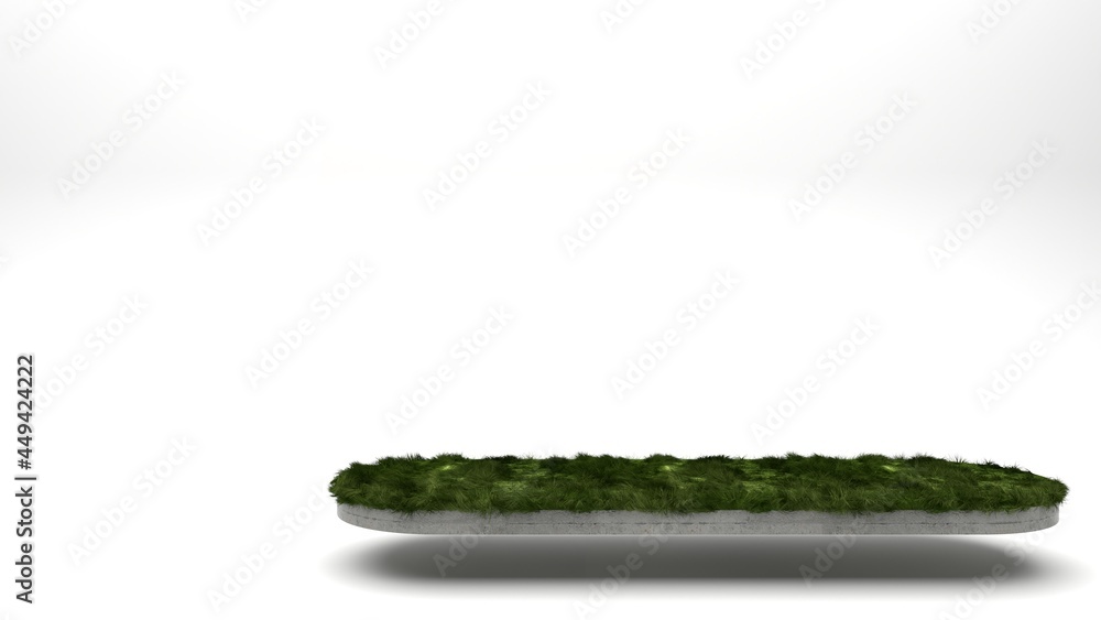 Poster grass surface concrete display stand geometric shapes on a white background