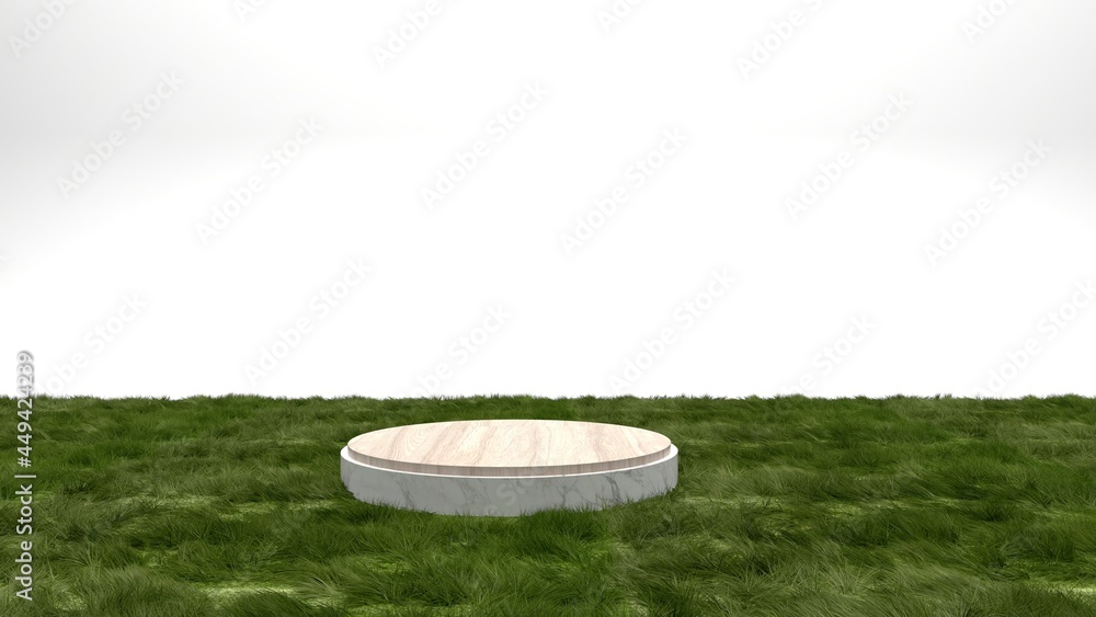 Poster grass surface concrete display stand geometric shapes on a white background