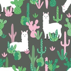 The llama pattern. Cute alpacas and cacti on a pink background. Vector hand-drawn children's collection for decorating a children's room, children's goods, fabrics, backgrounds, packaging, covers. © An Chubenko