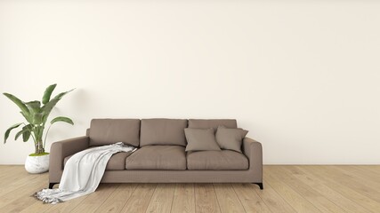 The interior of the room is decorated with a brown sofa on a wooden floor.