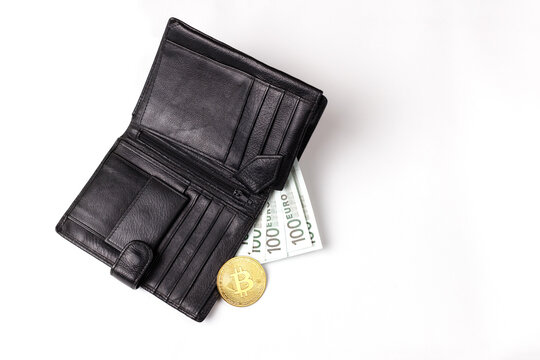 black wallet with 100 euros and bitcoin on a white background