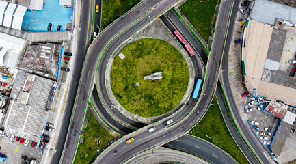 An aerial shot of a looping highway in Quito, Ecuador 