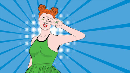 Ginger girl with victory hand sign pop art