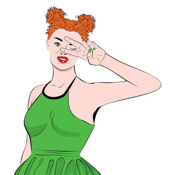 Ginger girl with victory hand sign pop art
