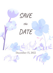 Save the date winter flowers card. Cotton flower, leaves, branches, wedding invitations, vector illustration