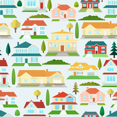 Seamless vector pattern with houses on a light blue background.