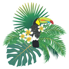 Obraz na płótnie Canvas Keel billed toucan with tropical leaves