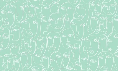 Abstract face seamless pattern. Continuous line portraits art print. Modern texture for fabrics, wallpaper. Vector illustration