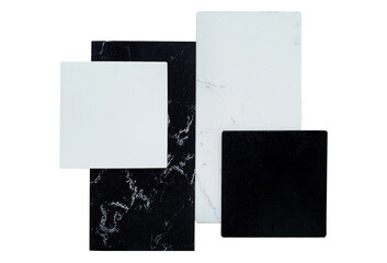 black and white artificial stone samples in marble and grained texture isolated on white background with clipping path. luxury stone tile samples for selection. 