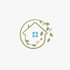 Gardening elegant logo landscape design logotype, chalet abstract icon. Leaves and fruit around house farming, eco house, vegetarian kindergarten, botanical garden decorative emblem.