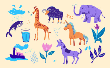 Doodle drawing children book illustration set vector 