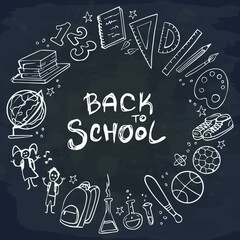 Fototapeta na wymiar Back to School banner on chalkboard. Set doodles icons girl, boy, school bus, book, globe, bag, ball and lettering Back to School. Vector illustration.