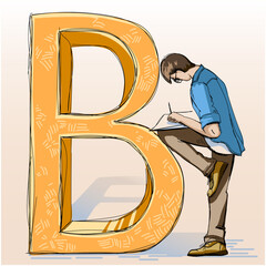 The student rests his knee on the letter B and writes. Vector sketch.
