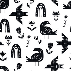 Seamless vector pattern with birds, flowers and rainbows in scandinavian style