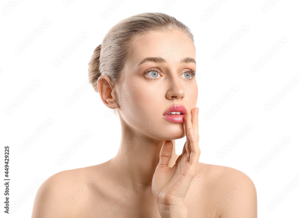 Poster portrait of beautiful young woman on white background