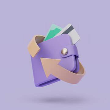 Wallet with cashback icon. 3d simple render illustration on pastel background.