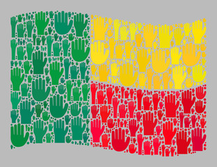 Mosaic waving Benin flag designed with upwards help palm elements. Vector ballot collage waving Benin flag designed for party projects. Benin flag collage is created with ballot palms.