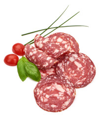 Milano Salami sausage slices, isolated on white background. High resolution image.