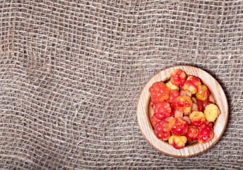 Fresh cloudberries prepared for food against the bag background