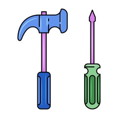 Screwdriver and hammer Colored vector illustration with simple hand drawn sketching style