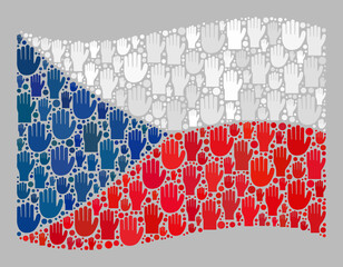 Mosaic waving Czech flag designed with raised up voting palm elements. Vector electoral mosaic waving Czech flag constructed for party advertisement.