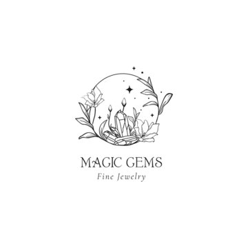 Floral Mystic Logo Design. Handdrawn magic gems.