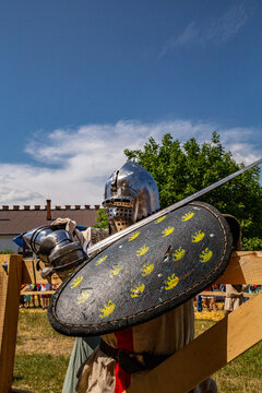 Knight at the festival of medieval culture in the old fortress of Medzhibozh.
