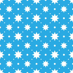 Seamless pattern created by white stars and circles set to winter season background