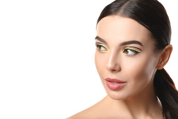 Obraz premium Beautiful young woman with stylish makeup on white background