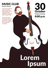 A vector poster depicting a bearded man singing and playing the double bass. Promo for a concert or musical evening in flat style. Easy-to-edit music event promotional material template.