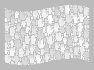 Mosaic waving white flag designed of upwards election arm items. Vector political mosaic waving white flag designed for support posters. White flag collage is made with voting hands.