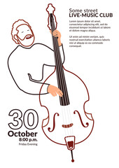 Line art vector poster for a music event or music class. Double bass player poster design - less inc style. Light eco-friendly design of promo materials for a concert or cultural event.