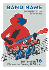 High resolution poster template for country or rock music evening. "Live Music Night" poster in retro style. Silhouette of a man in a cowboy hat plays the banjo or guitar.