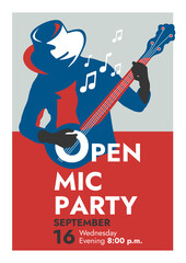 "Open Mic Party" retro poster. Silhouette of a man in a cowboy hat plays the banjo or guitar. High resolution poster template for music evening.