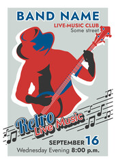 Poster "Retro Live Music" red silhouette of a man playing the banjo or guitar. An easy-to-edit high-resolution poster template.