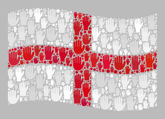 Mosaic waving England flag designed with raised up vote arm items. Vector vote mosaic waving England flag designed for referendum propaganda. England flag collage is made with solution hands.
