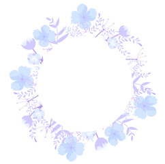 Flowers frame background, beautiful blue flowers and leaves, round frame, postcard, vector illustration