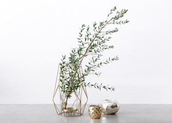 Vase with eucalyptus branches and candles on table against white background