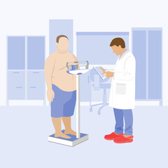 fat obese patient and doctor. examination medical consultation in the clinic. weighing an overweight person. nutritionist, diabetes and heart attack. medical office. flat cartoon vector design. 