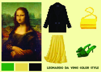 Leonardo da Vinci color style fashion pixel clothes set: an elongated black jacket with two buttons, a long light yellow light skirt, green graceful clogs, a cute little fashionable yellow clutch bag