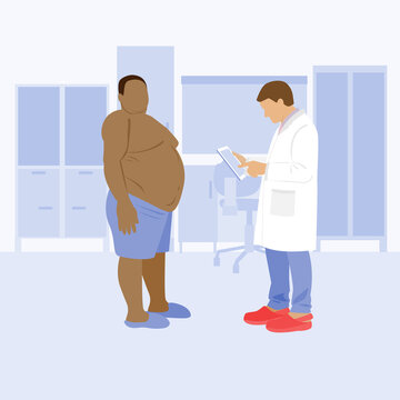 medical examination of the patient in the hospital. black doctor and patient in the clinic. obesity, diabetes, heart attack, theriosis. weighing and measuring indicators. stock vector illustration.
