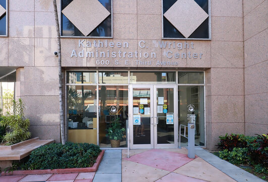 Entrance to the School Board of Broward County Administrative Building located in downtown Fort Lauderdale, Florida, USA. 