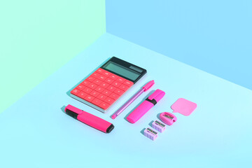 School supplies on color background