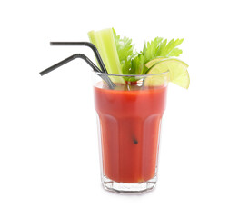 Glass of bloody mary cocktail garnished with cilantro and lime on white background