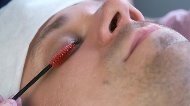 Cosmetologist is bruching eyelashes of man usinf mascara brush, closeup view. She is applying oil on lashes for filing lash laminating lifting effect after procedure. Face of man closeup.